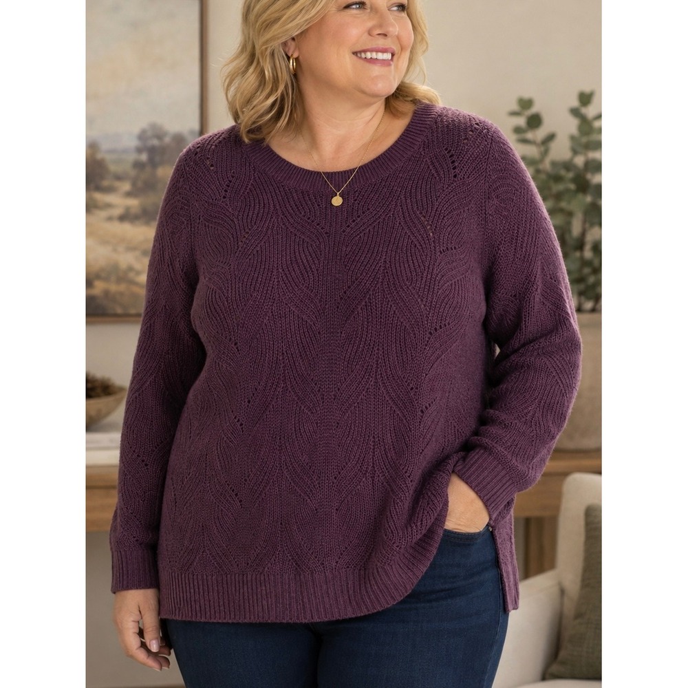 Torrid Purple Pointelle Knit Pullover Sweater Size 2 2X Plus Long Sleeve Boho